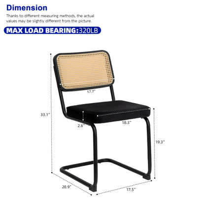 Set of 2 Black Velvet Rattan Cantilever Dining Chairs, Chrome Tubular Steel Breuer Stackable Side Chairs