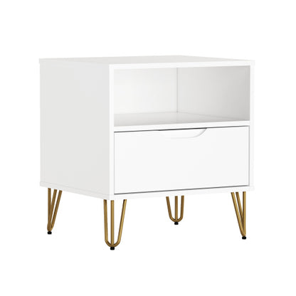 White Modern Nightstand with Drawer, Shelf & Metal Legs
