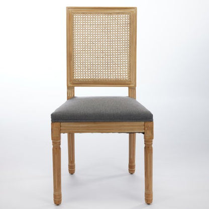 Set of 2 Gray French Louis Square Rattan Back Carved Solid Wood Dining Chairs, Antique Paint Frame 300 LBS Capacity