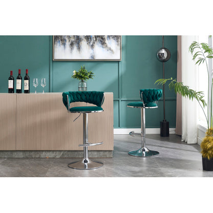 Set of 2 Bar Stools,with Chrome Footrest and Base Swivel Height Adjustable Mechanical Lifting Velvet + Chrome  Leg Simple Bar Stool-GREEN
