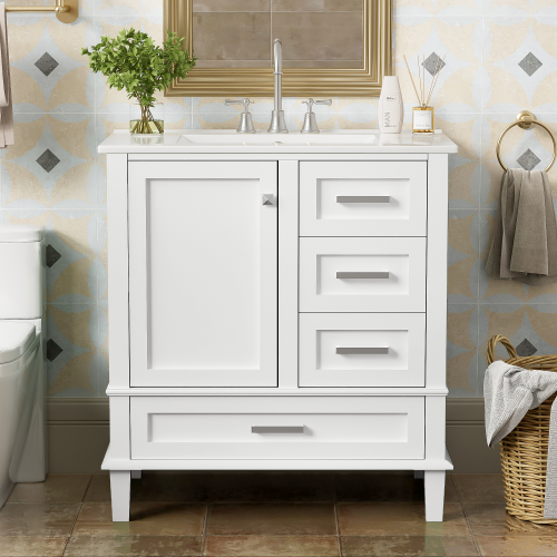 30" Bathroom Vanity , Modern Bathroom Cabinet with Sink Combo Set, Bathroom Storage Cabinet with a Soft Closing Door and 3 Drawers, Solid Wood Frame(White)