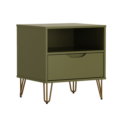 Olive Green Nightstand with Drawer & Metal Legs