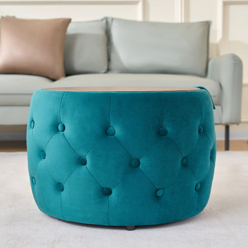 Blue 2-Piece Velvet Nesting Storage Ottoman Set, 4-in-1 Round Foot Stool with Wooden Tray, Ready to Use
