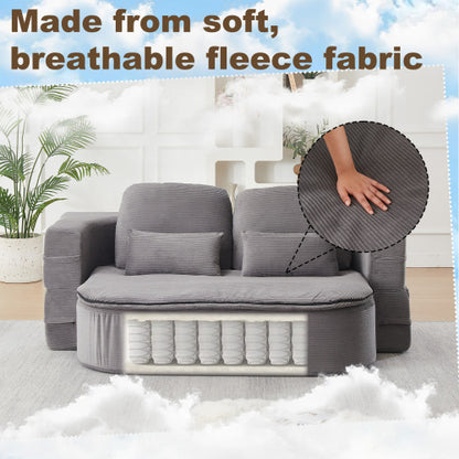75 inch  Corduroy Convertible Floor Sofa Bed with Built-in Blanket & 4 Pillows