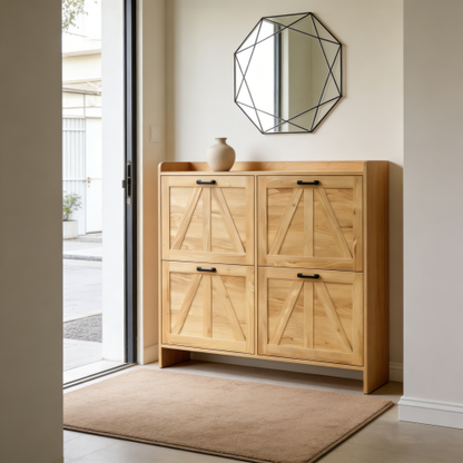 Light Oak Rustic Barn-Door Shoe Cabinet with 4 Flip Drawers, Sleek Space-Saving Entryway Organizer for Living Room