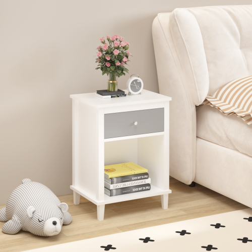 26.77''H Wooden Nightstand with One Drawer One Shelf for Kids, Adults,Gray+Silver handle