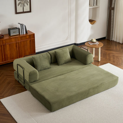 Green Corduroy Convertible Sleeper Sofa Bed with Cylindrical Pillow