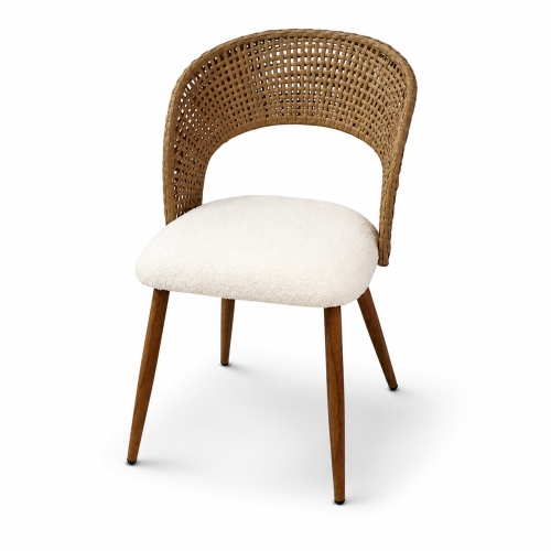 Curved PE Rattan Dining Chairs with Teddy Cushions, Set of 2, Beige/Brown