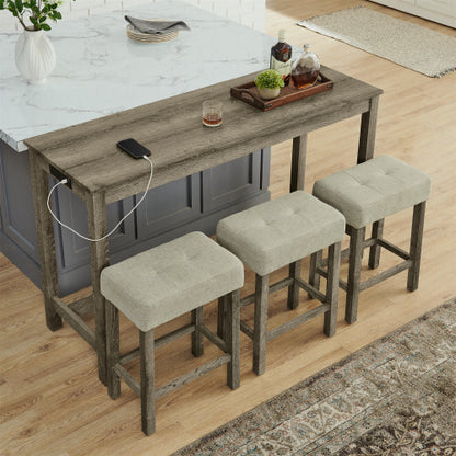 59 Inch Bar Table, Dining Table, Sofa Table with Power Outlet, 3 Upholstered Stools, 4 Piece Bar Table and Chair Set for Living Room, Dining Room, Kitchen