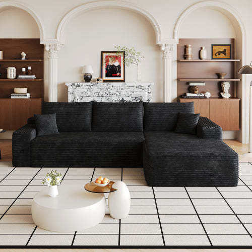 107 inch  Black Plush Corduroy L-Shape Chaise Cloud Modular Sofa, No Assembly