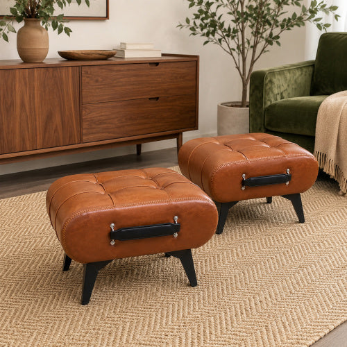 Rectangular Tufted Faux Leather Storage Ottoman with Portable Handle & Metal Legs, Multi-Function Foot Stool for Bedroom