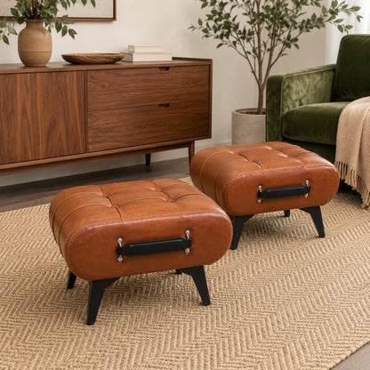 Rectangular Tufted Faux Leather Storage Ottoman with Portable Handle & Metal Legs, Multi-Function Foot Stool for Bedroom
