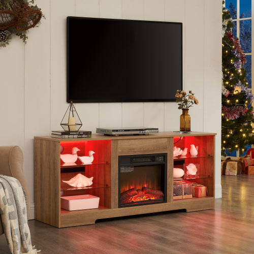 Oak 58 inch TV Stand with Electric Fireplace, LED Lights and Storage