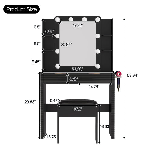 Makeup Vanity Desk with 10 Hollywood Bulbs, Fluted Dressing Table with Charging Station, 2 Drawers and 4 Open Shelves, Hairdryer Holder, Padded Stool with Storage , Black