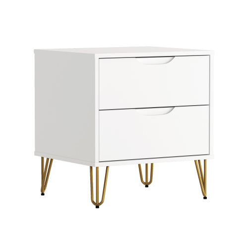 White Modern Nightstand, 2 Drawers & Metal Legs