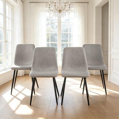 Set of 4 Grey Linen Upholstered Dining Chairs, High Back Side Chairs with Sturdy Black Metal Legs for Dining Room & Kitchen
