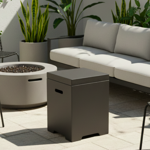 Propane Tank Cover Table, Outdoor Cylinder Hideaway Table for Gas Fire Pit and Gas Griddle, Outdoor Side Table for Fire Pit, Light Concrete, Dark Grey