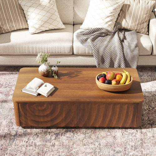 47 Inch Wave Texture Coffee Table with 2 Drawers Hidden Base Walnut Brown
