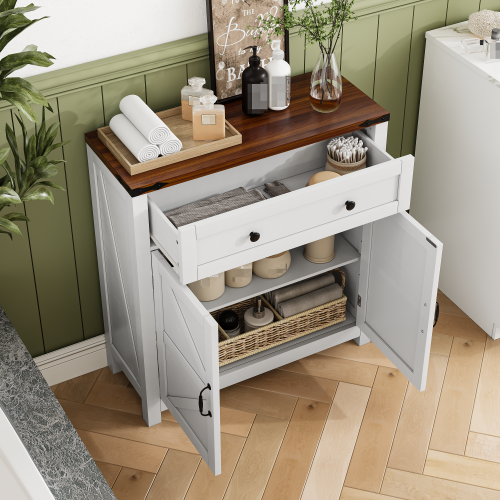 Farmhouse Storage Cabinet with Drawer and Adjustable Shelf, White Kitchen Cabinet with Walnut Countertop,  Modern Coffee Bar Console Cabinet for Kitchen, Dining Room, Bathroom, Entryway