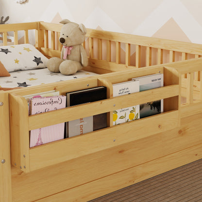 Full Montessori Floor Bed Frame with High Rails, Wood Kids Floor Beds with Light and Storage Shelf, Natural