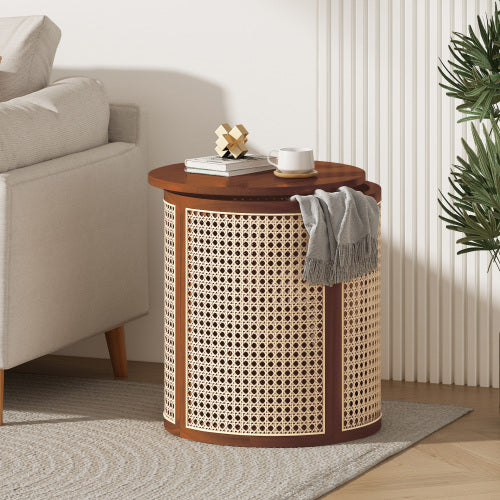 Dark Brown Round Rattan End Table, 15.7 Inch Woven Side Table with Wood Top, Small Nightstand for Bedroom Living Room