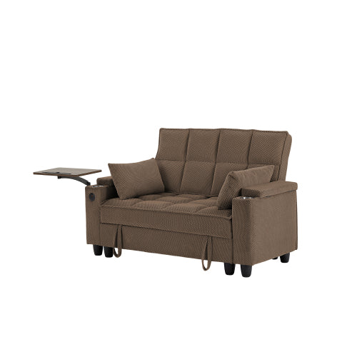 Coffee-Tone Loveseat Sofa with Storage,USB,Cup-Holder & Swivel Side Table