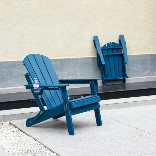 HDPE Folding Chair with Dual Cup Holder - Composite Chair with Wood Texture- ,Navy Blue