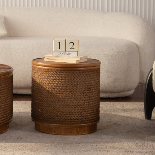 Boho Rattan Round Coffee Table Lift Top Storage Woven Accent Table No Assembly