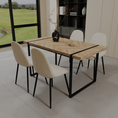 5-Piece Light Wood & Black Metal Dining Set, Medieval Style MDF Table with 4 Suede Dining Chairs