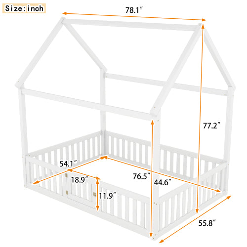 Full Size Wood House Bed with Fence and Door, White