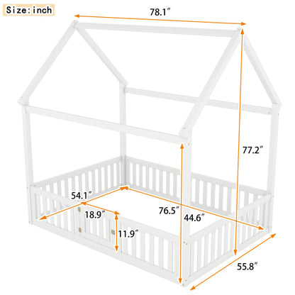 Full Size Wood House Bed with Fence and Door, White