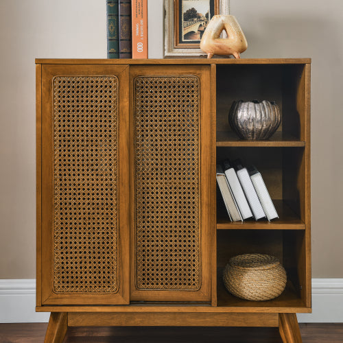 Mid Century Rattan Sideboard Cabinet with Adjustable Shelves and Wood Legs Light Wood