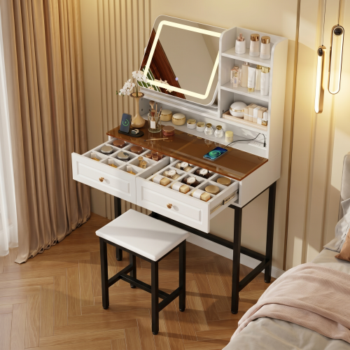 White Amber Glass Vanity Desk, 360° Rotatable LED Mirror, USB?AC Power Outlet, Metal Legs & PU Stool