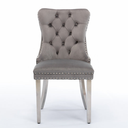 Single Gray & Chrome Tufted Velvet Dining Chair, Solid Wood Frame, Nailhead Trim, Chrome Plated Stainless Steel Legs