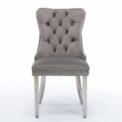 Single Gray & Chrome Tufted Velvet Dining Chair, Solid Wood Frame, Nailhead Trim, Chrome Plated Stainless Steel Legs