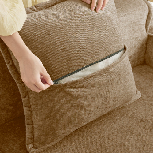 Brown Velvet 2-Seat L-Shape Modular Boneless Sofa, Ottoman & Pillows