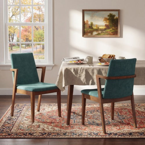 Set of 2 Mid-Century Green Fabric Arm Dining Chairs, Walnut Rubber Wood Frame 250lbs Capacity