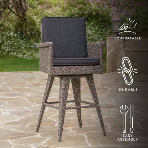 30" Outdoor Wicker Swivel Barstool with Water Resistant Cushion, Mixed Black and Dark Grey