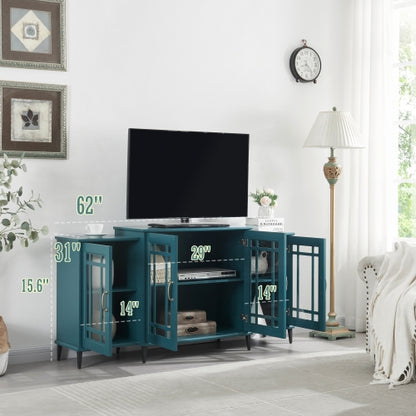 62 Inch Teal Blue Buffet Cabinet with Glass Doors Adjustable Shelves and Metal Legs