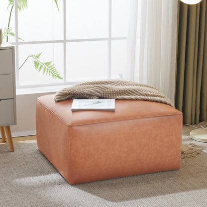 Tan Brown PU Leather Square Ottoman, Modular Upholstered Foot Stool, 29.5 inchW x29.5 inchD x15 inchH with Pocket Coil Cushion