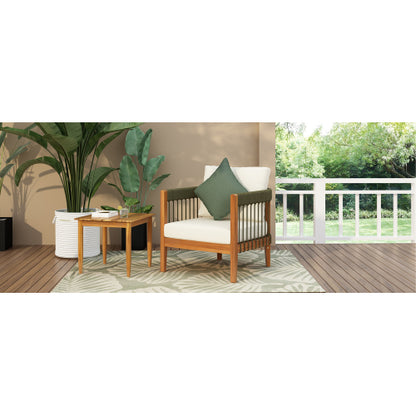 Acacia Wood Outdoor Club Chair with Handwoven Rope Accents & Curved Backrest - Water-Resistant Boho Patio Lounge Chair with Removable Cushions for Porch, Garden