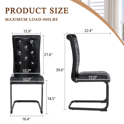 Set of 2 Retro Alligator Skin PVC Dining Chairs, Crystal Buckle Chairs with Black Powder Coated Metal Bow Legs