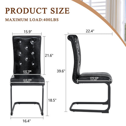 Set of 2 Retro Alligator Skin PVC Dining Chairs, Crystal Buckle Chairs with Black Powder Coated Metal Bow Legs