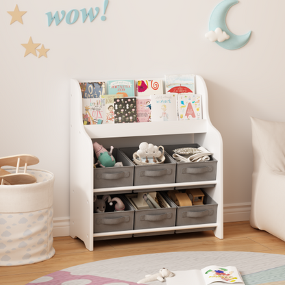 Kids Bookshelf With 6 Fabric Bins Front Display Toy Book Storage Cabinet
