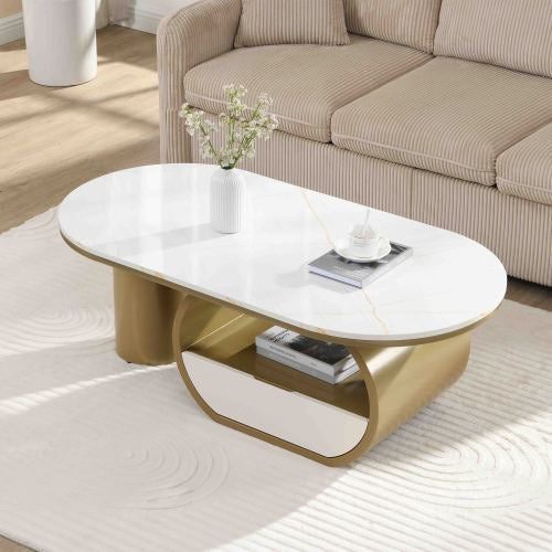 47.24inch  Oval Faux Marble Coffee Table with Drawer