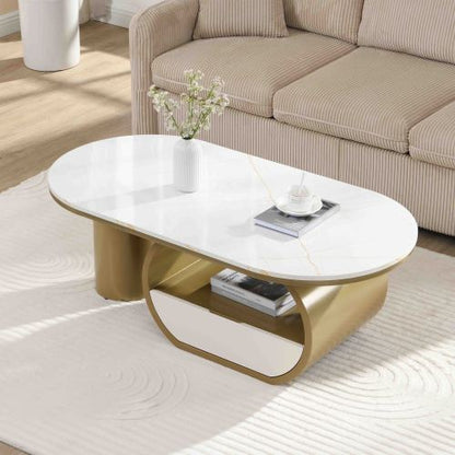 47.24inch  Oval Faux Marble Coffee Table with Drawer
