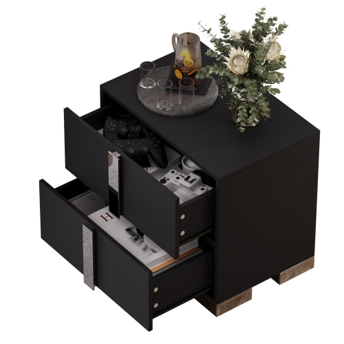 Modern End Table with Drawers, Elegant Nightstand with Metal Foot,Wood Bedside Table with Mirrored Metal Handles,Sofa Side End Table for Bedroom Living Room Office,Black