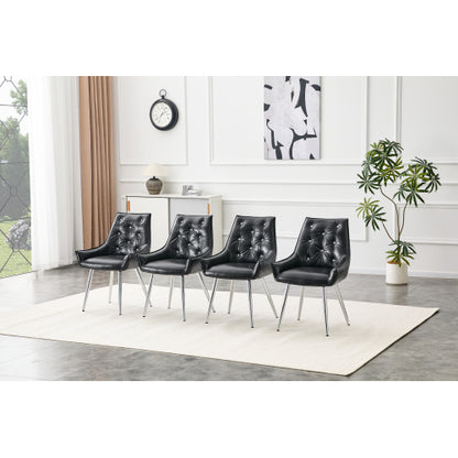 Set of 2 Black Crocodile Pattern PU Dining Chairs, Diamond Tuft Chrome Metal Leg Luxury Accent Chairs