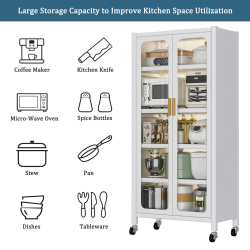 65" Kitchen Pantry Storage Cabinet, 6 Tier Metal Display Storage Cabinet with Transparent Door, Adjustable Shelves & Wheels, Food Pantries Cabinets, for Kitchen, Living Room and Dining Room, White