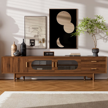 78.7 inch Walnut Fluted Glass Door TV Stand 2 Drawer Media Console Solid Wood Leg For 85 inch TV